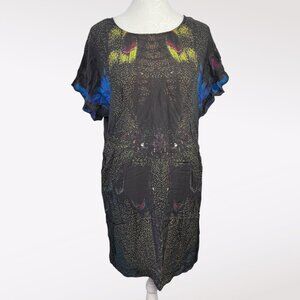 French Connection Silk Mini Dress Black Blue Yellow Print Size 4